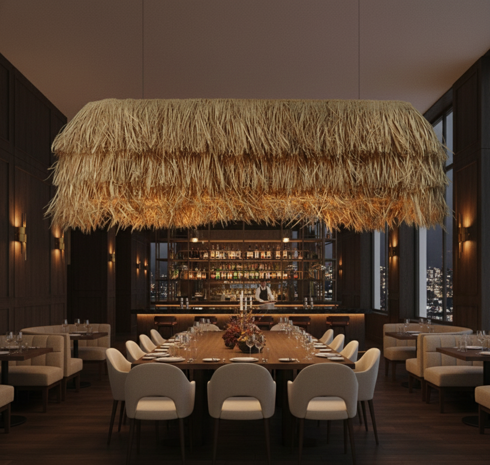 Horizon Linear lamp - Natural grass bamboo Raffia and bamboo for Home, restaurants and offices.