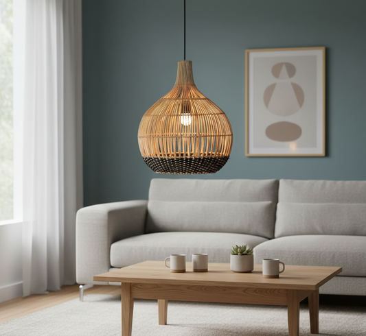 Two-Tone Woven Pendant Light  Handmade Natural Cane for Home, restaurants and offices.