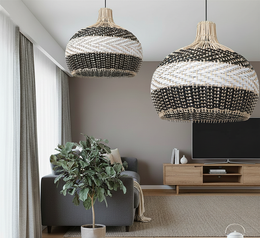 Duet Weave ( Black & White ) Handmade Natural-Cane Pendant Light for Home, restaurants and offices.( 1 Piece )