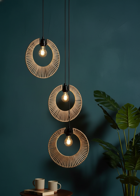 Jute Rings Cluster Pendant Light Handmade Natural Cane for Home, restaurants and offices.