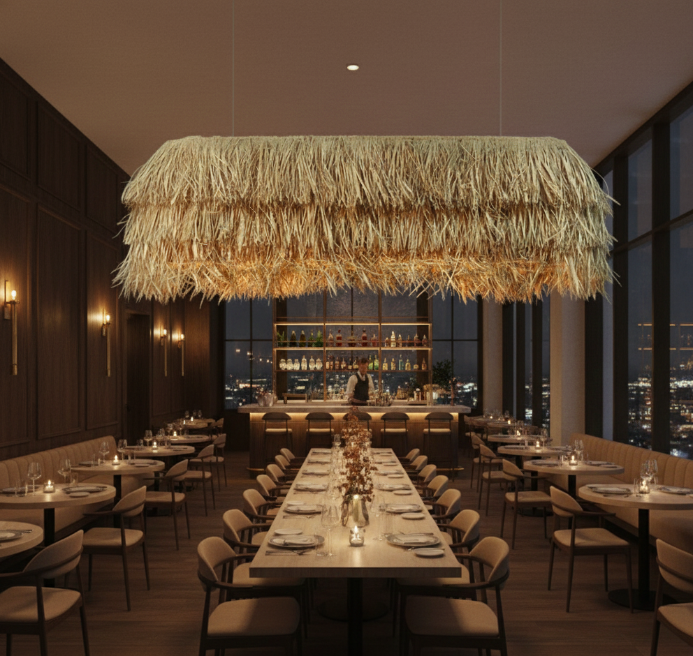 Horizon Linear lamp - Natural grass bamboo Raffia and bamboo for Home, restaurants and offices.